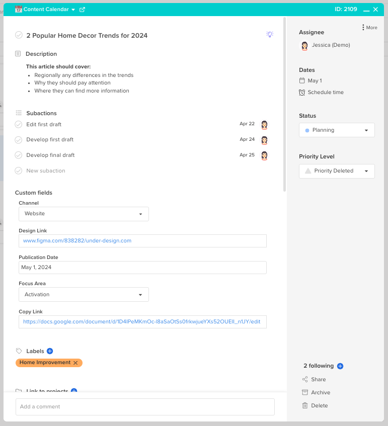 Hive Content Calendar template example dashboard action card