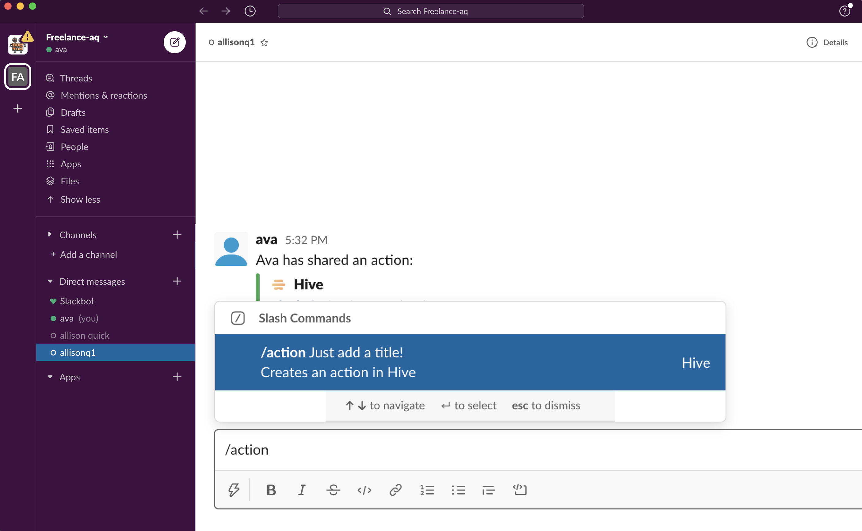 Creat action in Slack