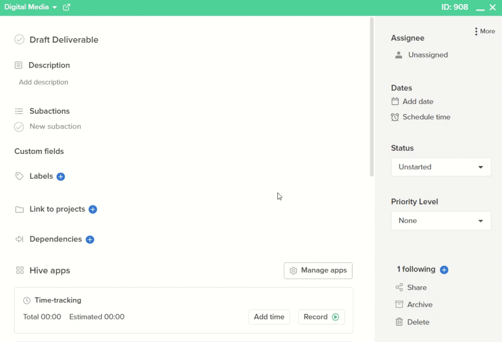 Hive workpackage creating a task card